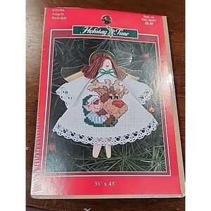 Vintage Cross Stitch Kit Angel RUDOLPH Clothespin Ornament Christmas Craft NEW